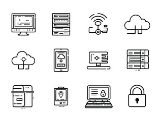 Network Infrastructure and Cloud Computing Black Line Icons Modern Technology Systems and Data Management Solutions For Business