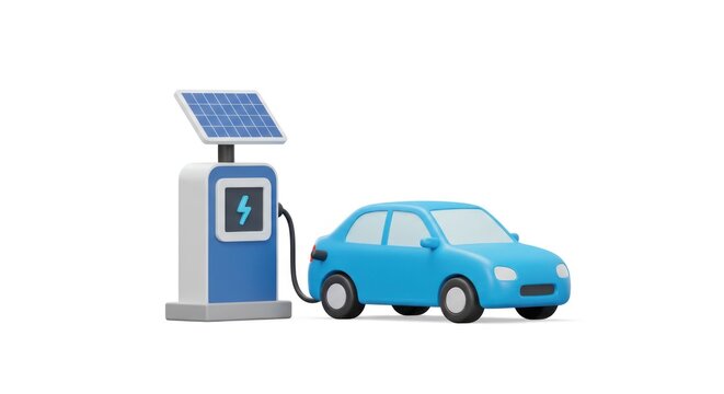 A 3D rendered light-blue compact car is plugged into a charging station with a solar panel roof, isolated on white