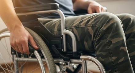 Obraz premium A man in camouflage pants sits in a wheelchair, symbolizing disability, mobility assistance, and resilience after injury