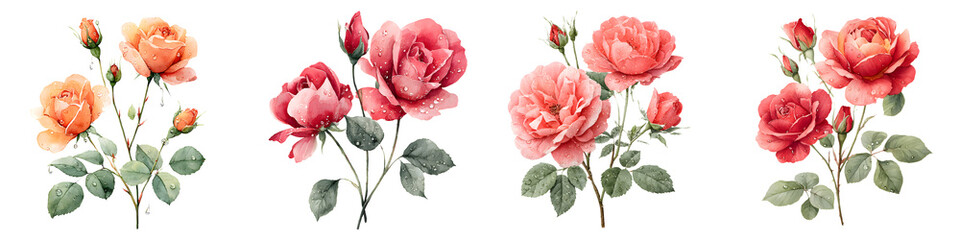 Watercolor Rose Bouquet Set: Elegant Floral Illustration on White Background