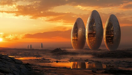 A realistic photo of futuristic, large alien-egg-shaped buildings on Mars, with a rocky terrain and an orange sky. The scene is set in the evening light, showcasing