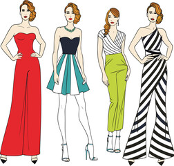 Fashion Illustration of Four Women in Stylish Dresses and Jumpsuits