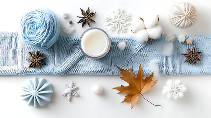 Winter-Themed Decor with Blue Yarn, Cotton, and Leaves on Soft Fabric