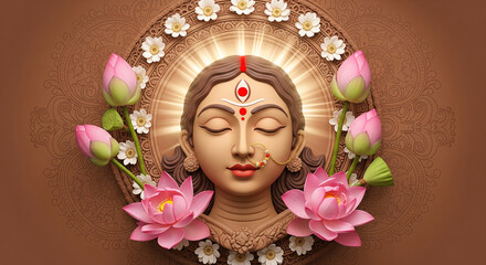 Hindu festival durga puja goddess durga face made of clay and beautiful lotus flower decorations