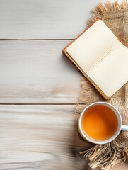 Cozy Tea Break with Open Notebook and Warm Beverage on Rustic Table