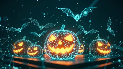 A vibrant digital artwork featuring glowing jack-o'-lanterns surrounded by holographic bats set against a dark futuristic background perfect for Halloween-themed designs and decorations - Powered by Adobe