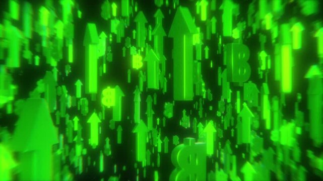 Green arrows and Thai baht symbols move upward, representing strong currency, economic growth, or positive financial trends in Thailand. Ideal for trading, banking, and finance videos.


