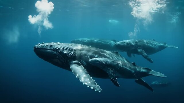 Humpback whale family swimming and breathing underwater