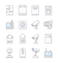 Smart home appliance and security system icon set illustration for modern technology and design showcasing seamless integration for efficient living