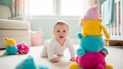 Happy baby crawling on soft carpet in pastel nursery, surrounded by plush toys, smiling under natural sunlight in cozy modern home.