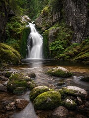 Fototapeta premium A waterfall in a forest with moss growing on rocks