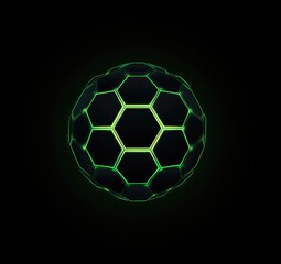 Fototapeta premium A dark sphere composed of hexagonal facets, glowing with a vibrant green luminescence along its edges against a pitch-black backdrop