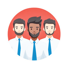 Team of three businessmen standing together with a red background smiling positively in corporate environment showcasing diversity and collaboration