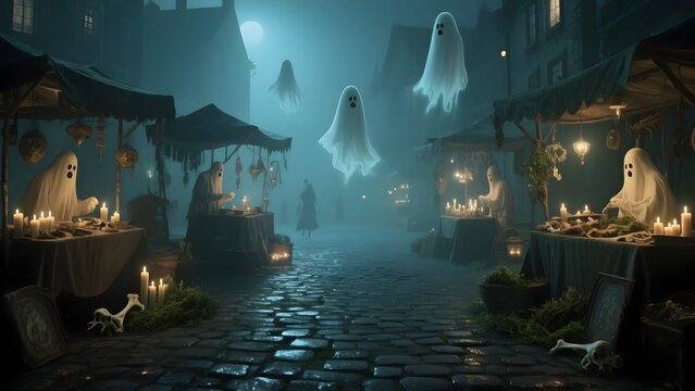 Surreal Halloween Scene with Spooky and Dreamlike vibes