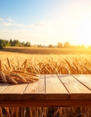 Fresh Wheat Harvest on Table with Wheat Field Background