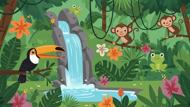 Jungle pals near a tropical waterfall