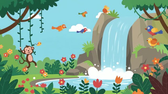 Jungles vibrant day Swinging monkey waterfall birds abound