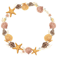 Seashells wreath. Hand drawn watercolor illustration of sea conch and starfish on isolated background. Nautical circle frame. Underwater border for icon or logo in marine style with cockleshells.