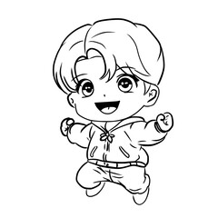 Line art illustration of a cute chibi cartoon boy for a coloring book page.