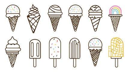 Variety of Ice Cream and Popsicle Line Art Illustrations for Summer Treats and Dessert Designs