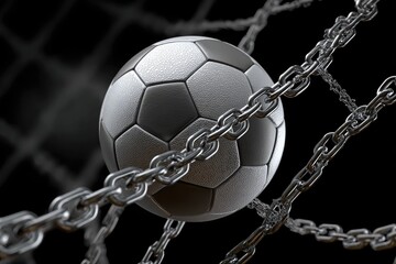 A grayscale soccer ball trapped within a metallic chain net, set against a dark background. The chains intricately weave around the ball, suggesting confinement or restriction