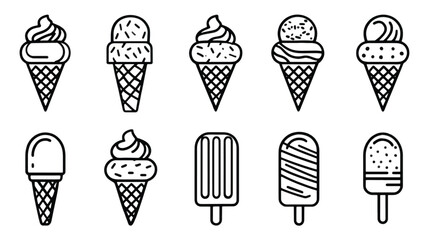 Variety of Ice Cream Cones and Popsicles in Black and White Outlines Summer Treats for All