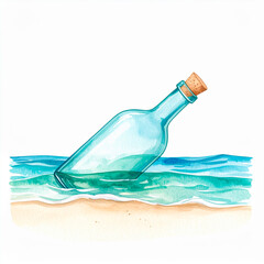 Message in a bottle on the beach — watercolor illustrations of glass bottles with sea and sand