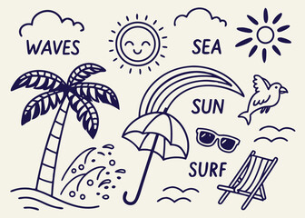 A Comprehensive Collection of Hand-Drawn and Silhouette Beach & Surf Themed Doodles, Icons, and Summer Elements in Black and White