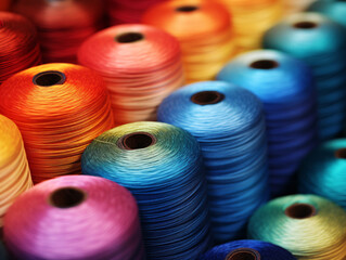Vibrant spools of thread arranged neatly in a textile factory setting, showcasing a spectrum of colors.