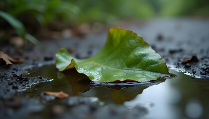 Sharp Macro Shot of a Green Leaf with Oil Residue Floating on a Polluted Puddle Highlighting Environmental Damage