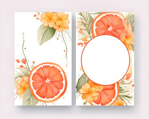 Watercolor invitation card background with fruit mix of grapefruit and orange. Template for restaurants, cafes and catering.