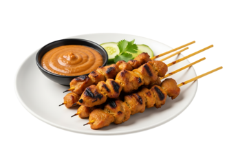 Grilled chicken skewers with peanut sauce on a white plate.