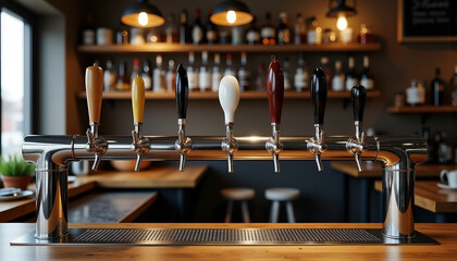 Variety of beer taps in a modern rustic bar setting with shelves of bottles and ambient lighting overhead