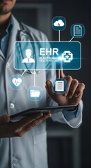 A doctor uses a tablet to access a patients electronic health record ehr