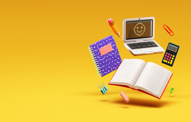 Back to School banner background design with some floating school supplies on a yellow background and copy space in a colorful 3D illustration