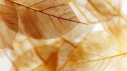 Translucent golden leaves overlap each other on a light background with visible veins and delicate texture. Abstract, natural design. Background for autumn, nature or botanical designs