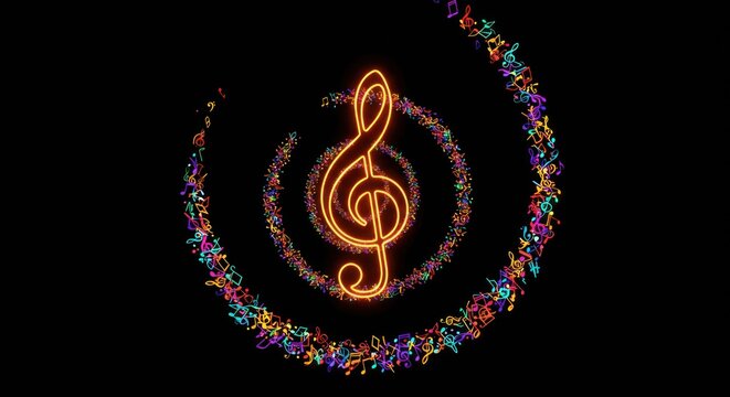 Glowing treble clef surrounded by colorful music notes in a spiral against a black background - Powered by Adobe
