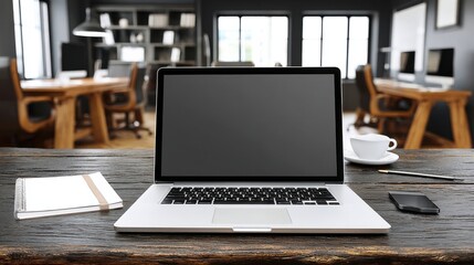 Fototapeta premium Laptop computer with blank screen on wooden desk in modern office workspace