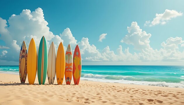 A row of vibrant surfboards on a sunny, sandy beach with turquoise water. Evokes summer vacation, surfing, and tropical paradise vibes. - Powered by Adobe
