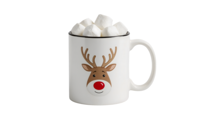 Festive reindeer mug filled with marshmallows on isolated background