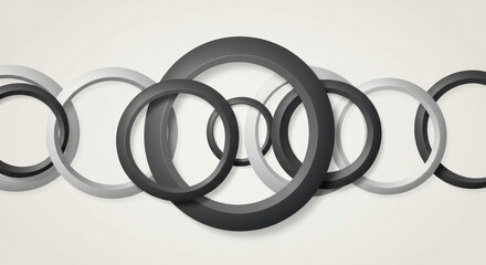 Fototapeta premium Overlapping, three-dimensional rings in grayscale tones create a modern abstract design against a soft, neutral background. The circles vary in color