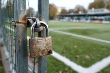 A weathered padlock secures a chain-link fence, obscuring a blurred view of a green artificial turf soccer field beyond