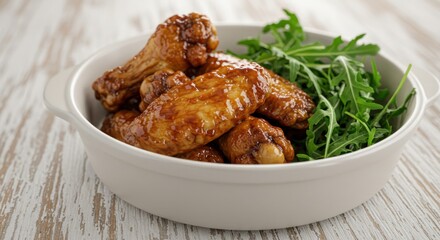 A close-up of a white bowl filled with glazed chicken wings alongside fresh green arugula, set on a light-colored wooden surface