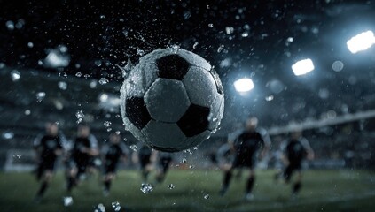 Naklejka premium A wet soccer ball in mid-air, splashing water, surrounded by blurred, running players under stadium lights at night