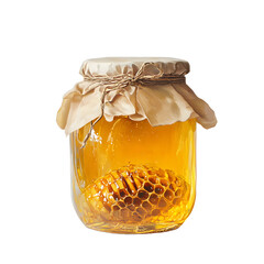 Golden Jar of Honey with Honeycomb Isolated on Clean Background