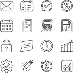 Minimal Business Icon Set – Finance, Calendar, Security, Chart – Black and White Line Style