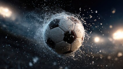 Fototapeta premium A wet soccer ball in motion, blurred water droplets surrounding it against a dark stadium background with bright lights