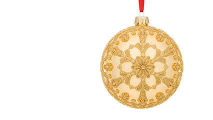 Elegant gold christmas ornament with intricate lace design on isolated background