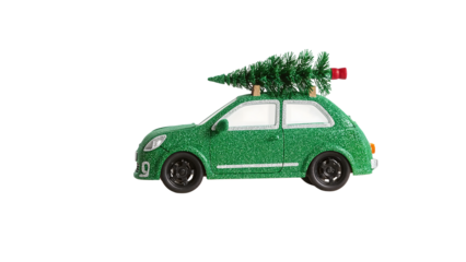 Festive miniature car with christmas tree on cake  holiday celebration concept