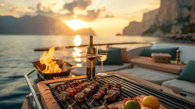 Luxury barbecue dinner on a yacht at sunset, with gourmet grilled meat
